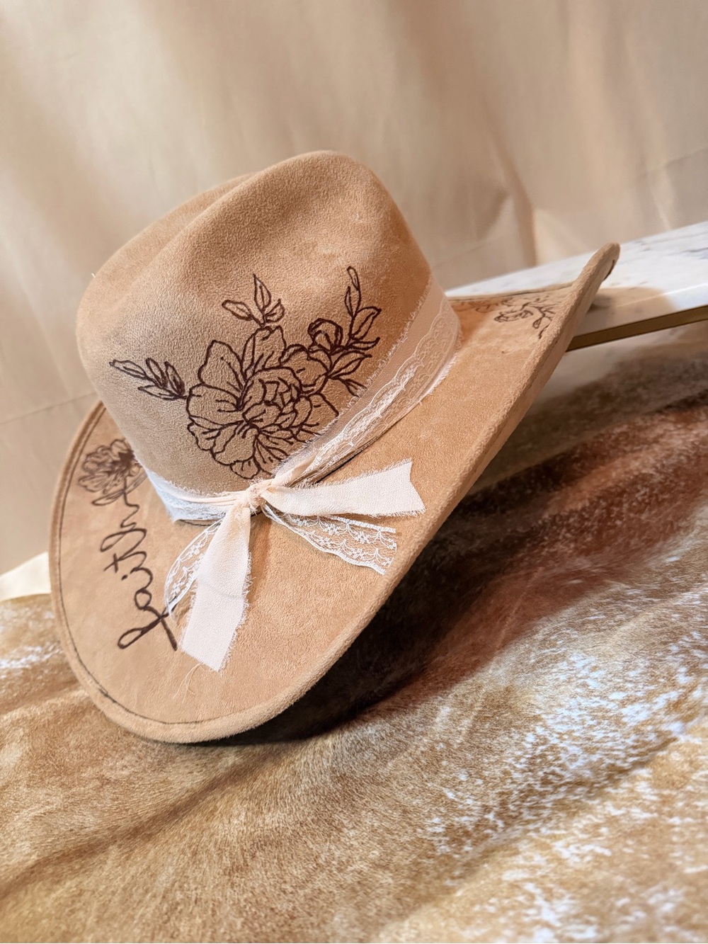Custom burned cowgirl tan suede Wide Brim Hat with Lace Band